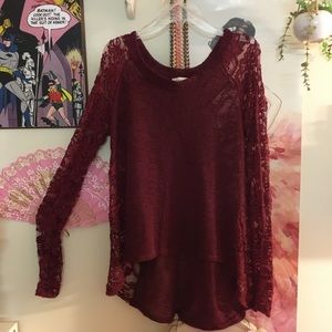 Red sweater with lace sleeves and sides size L